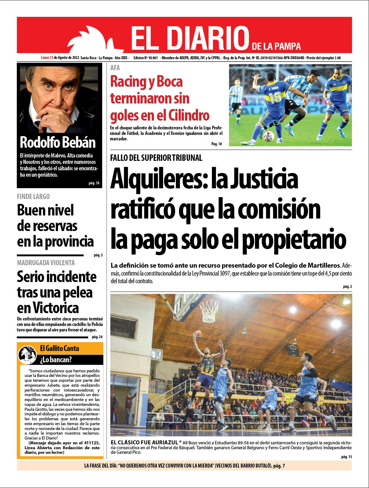 Tapa del diacutea lunes 15 de agosto de 2022